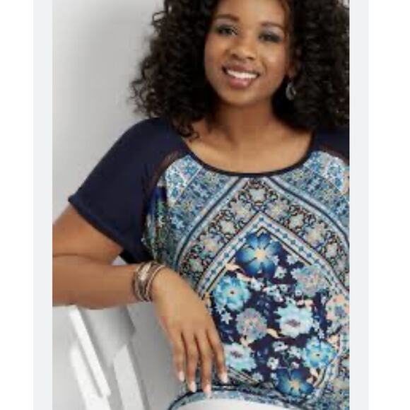 Maurices Small Blue Cap Sleeve Top Floral Front Solid Back - Picture 1 of 8